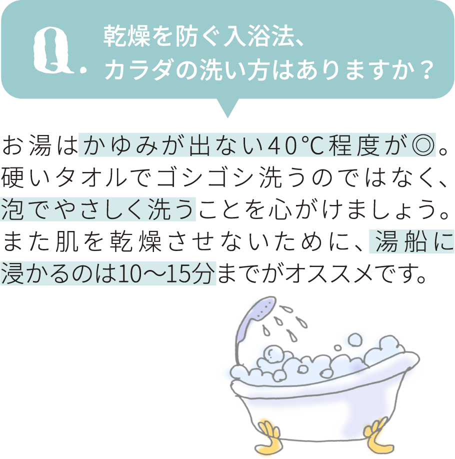 乾燥を防ぐ入浴法、
カラダの洗い方はありますか？