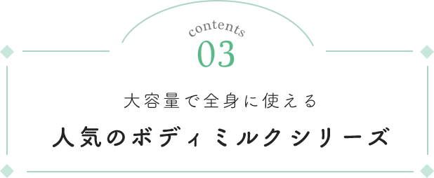 contents 03 大容量で全身に使える人気のボディミルクシリーズ