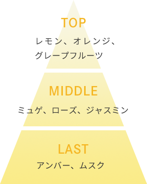 TOP/レモン、オレンジ、グレープフルーツ MIDDLE/ミュゲ、ローズ、ジャスミン LAST/アンバー、ムスク