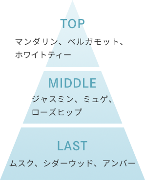 TOP/マンダリン、ベルガモット、ホワイトティー MIDDLE/ジャスミン、ミュゲ、ローズヒップ LAST/ムスク、シダーウッド、アンバー