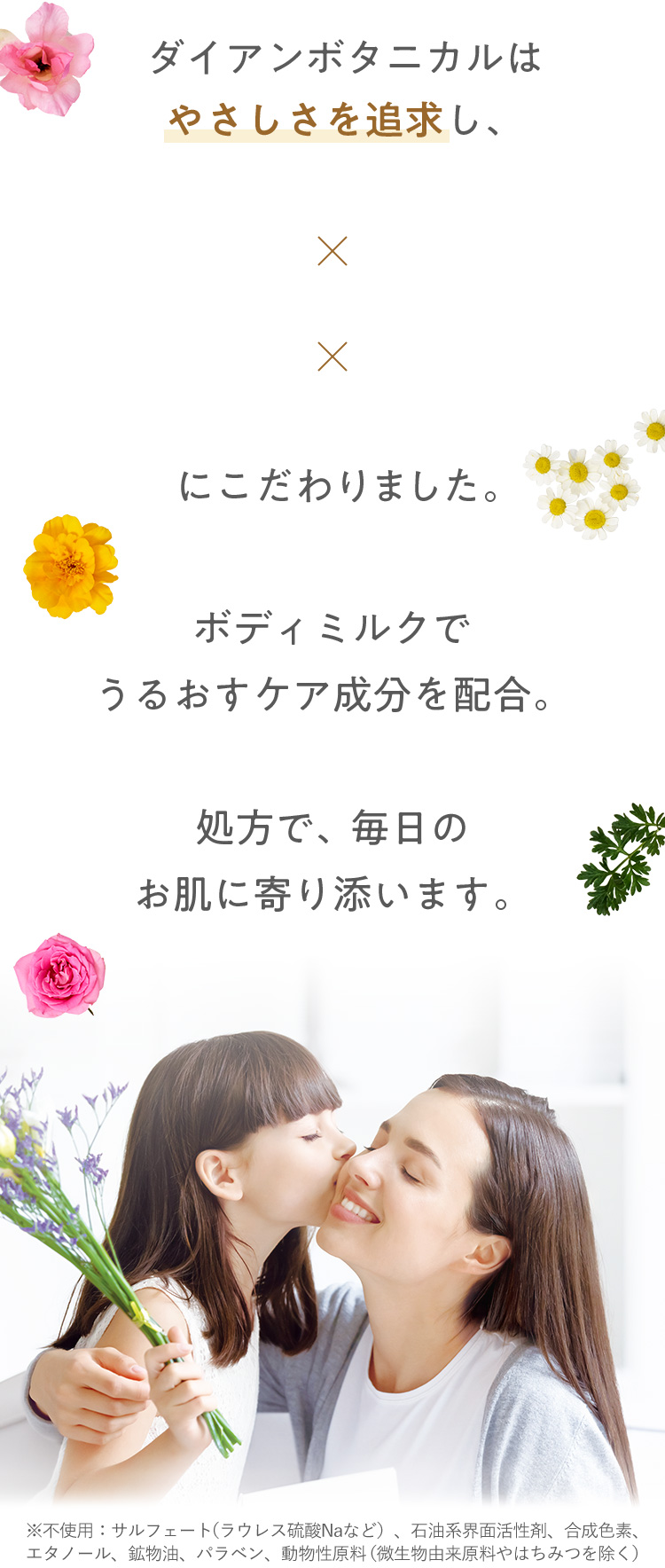 ボディミルクでうるおすケア成分を配合。子どもと一緒に使える処方で、毎日のお肌に寄り添います。